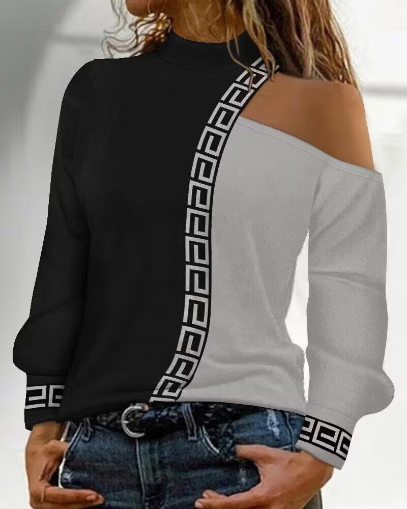 Top Femme - Épaules Dénudées - Col Asymétrique - Motif Géométrique - Chic et Confortable