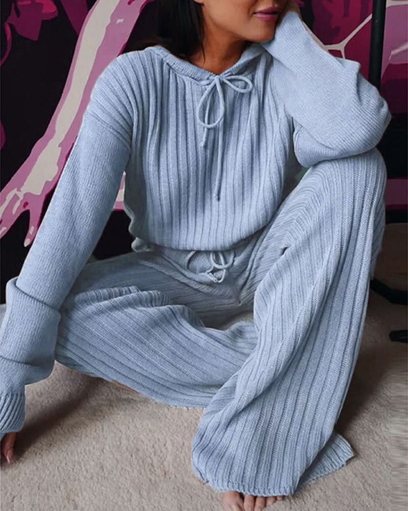 Ensemble Femme – Maille Côtelée – Confortable et Élégant – Haut Manches Longues avec Pantalon Ajusté