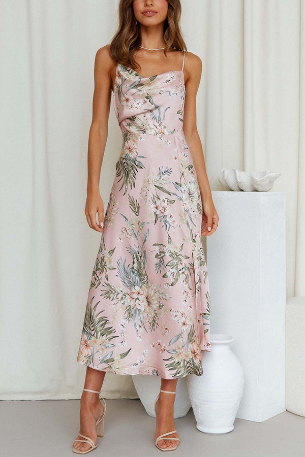 Robe Midi Femme – Imprimé Floral – Encolure Dégagée – Bretelles Fines – Coupe Évasée