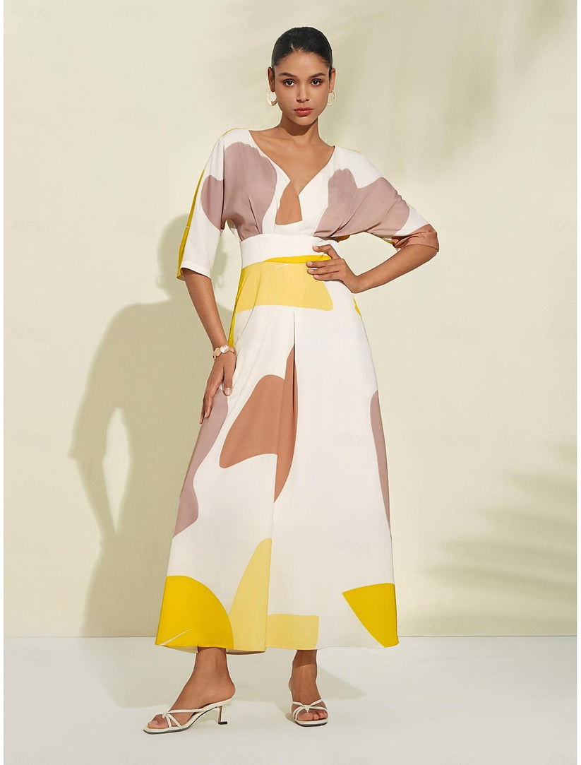 Robe Longue Femme - Col V Élégant - Manches 3/4 - Coupe Évasée Moderne