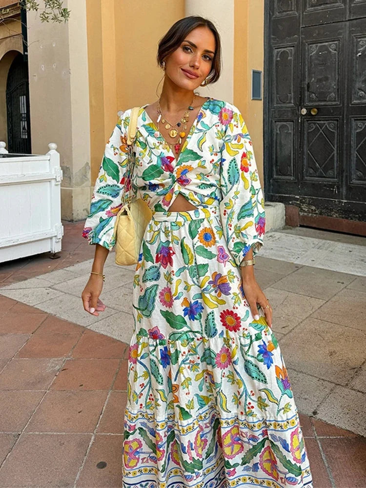 Ensemble Jupe et Top Femme - Style Cache-Cœur - Manches Longues - Motif Fleuri - Fluide