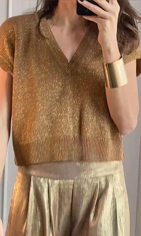 Ensemble Femme Deux Pièces – Haut Maille Coupe Ample – Pantalon Large Satiné