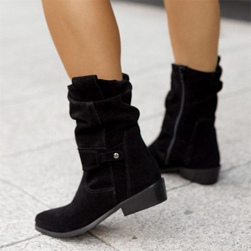 Bottes Femme - Daim Élégant - Coupe Ample - Lanières et Boucles Déco - Confort Quotidien