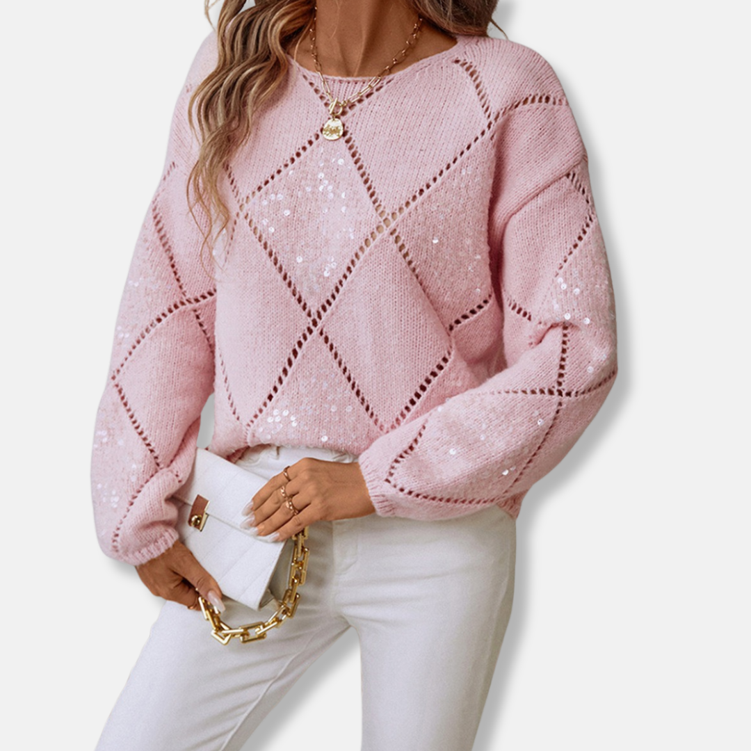 Femme Pull - Maille Laine Mélangée - Col Rond - Manches Longues - Motif Losanges