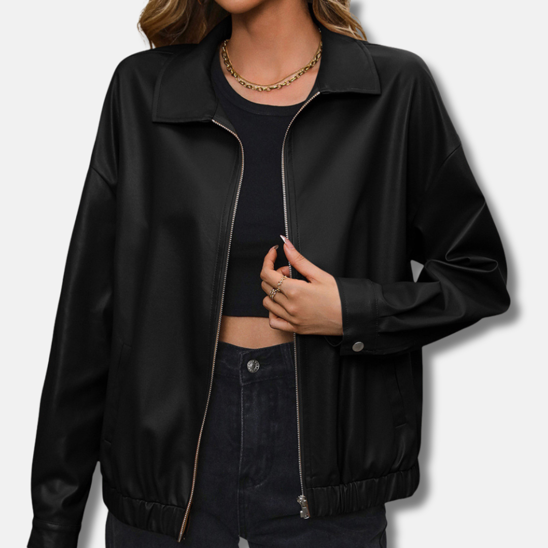 Veste motard femme – Similicuir – Coupe décontractée – Cropped – Zip frontal