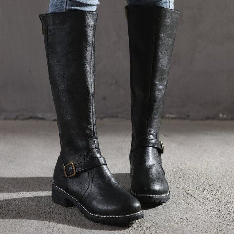 Bottes Hautes Femme - Cuir Lisse - Bout Rond - Talon Bloc Confort - Boucle Décorative