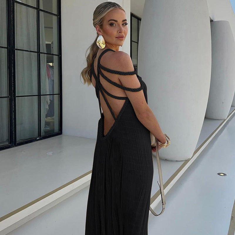 Robe Maxi Femme - Décolleté Halter - Plissée Élégante - Coupe Ample et Fluide