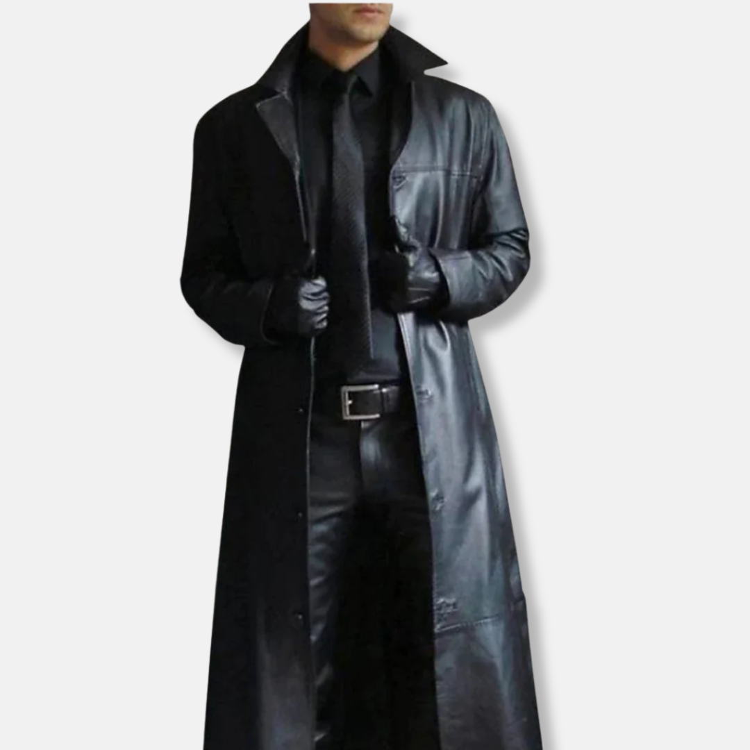 Manteau long homme – Coupe ajustée – Cuir structuré – Fermeture boutonnée formelle