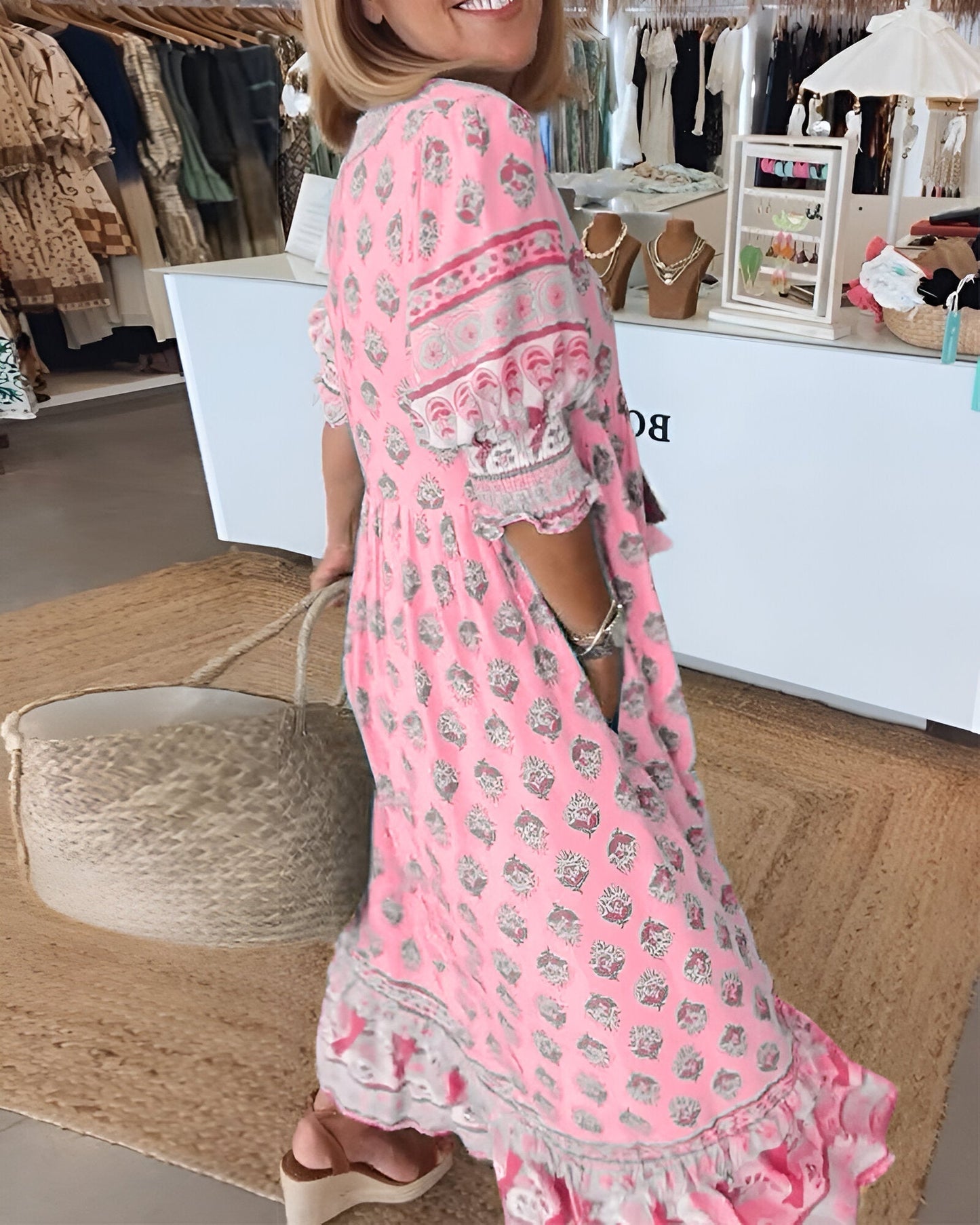 Robe longue femme – Tissu naturel – Motif bohème – Manches 3/4 – Coupe fluide