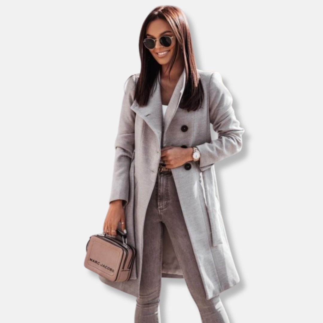 Femme Manteau - Laine Mélangée - Col Mao - Double Boutonnage - Longueur Genou