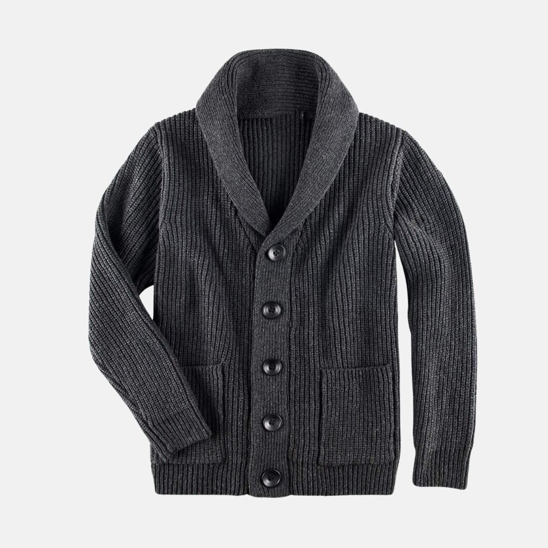 Homme Cardigan - Maille Côtelée - Col Châle - Manches Longues - Coupe Regular - Poches Plaquées