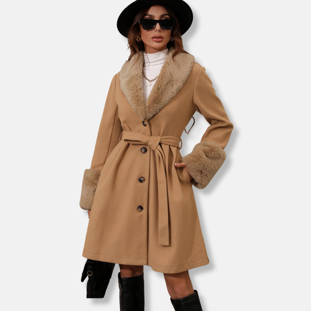 Manteau trench femme – Coupe cintrée – Col et poignets en fourrure – Ceinture ajustable