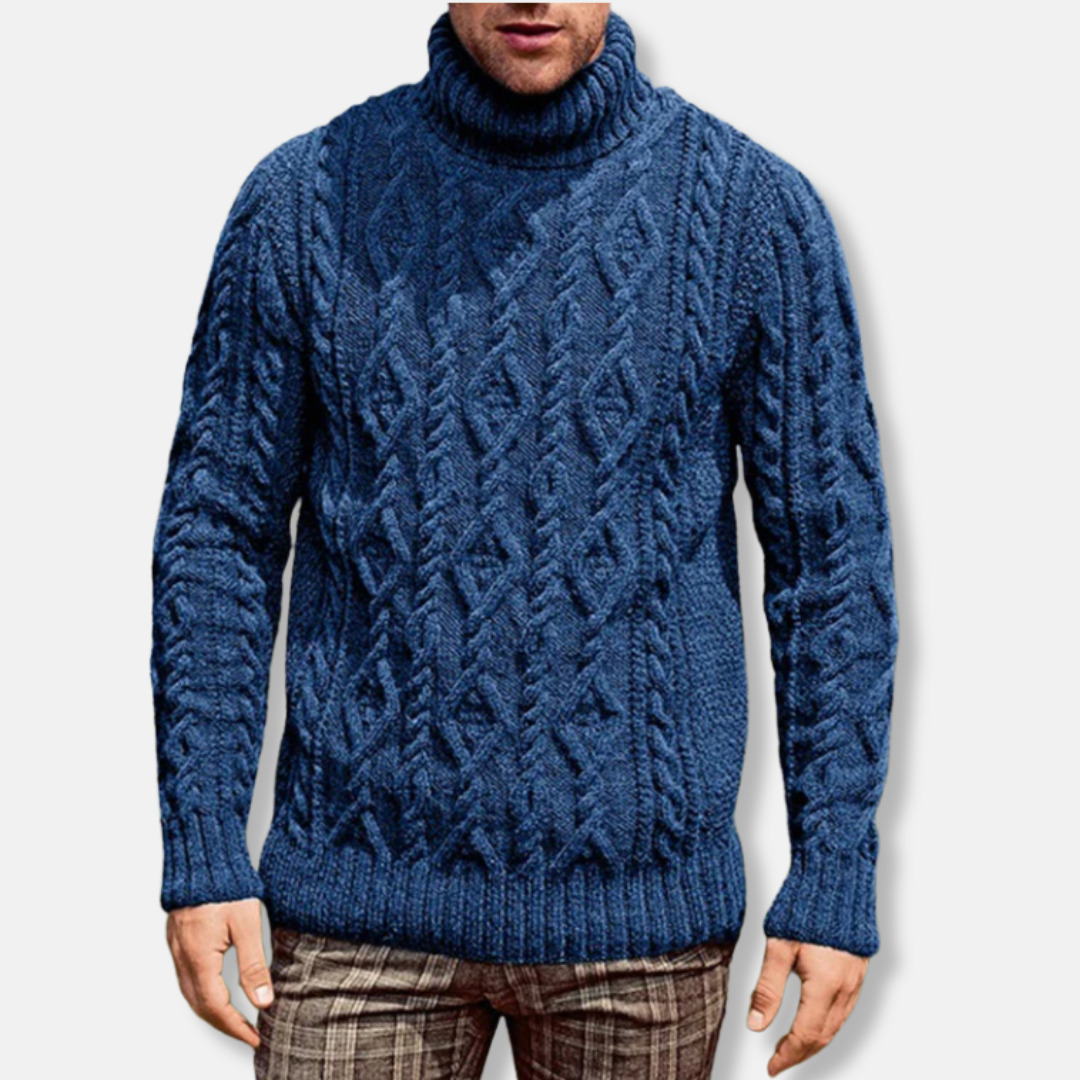 Homme Pull - Laine Mélangée - Col Roulé - Coupe Décontractée - Motif Torsadé
