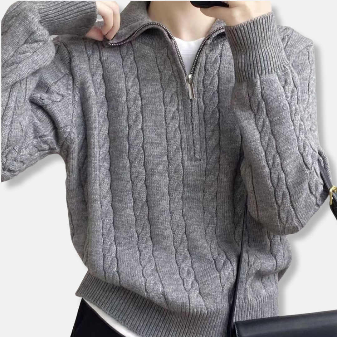 Romane Coton Zip-Up Hooded Sweater | Relaxed Fit Cable Knit Sweater
