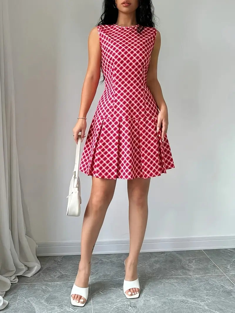 Robe Femme Sans Manches - Coupe Cintrée - Motif Carreaux - Jupe Évasée