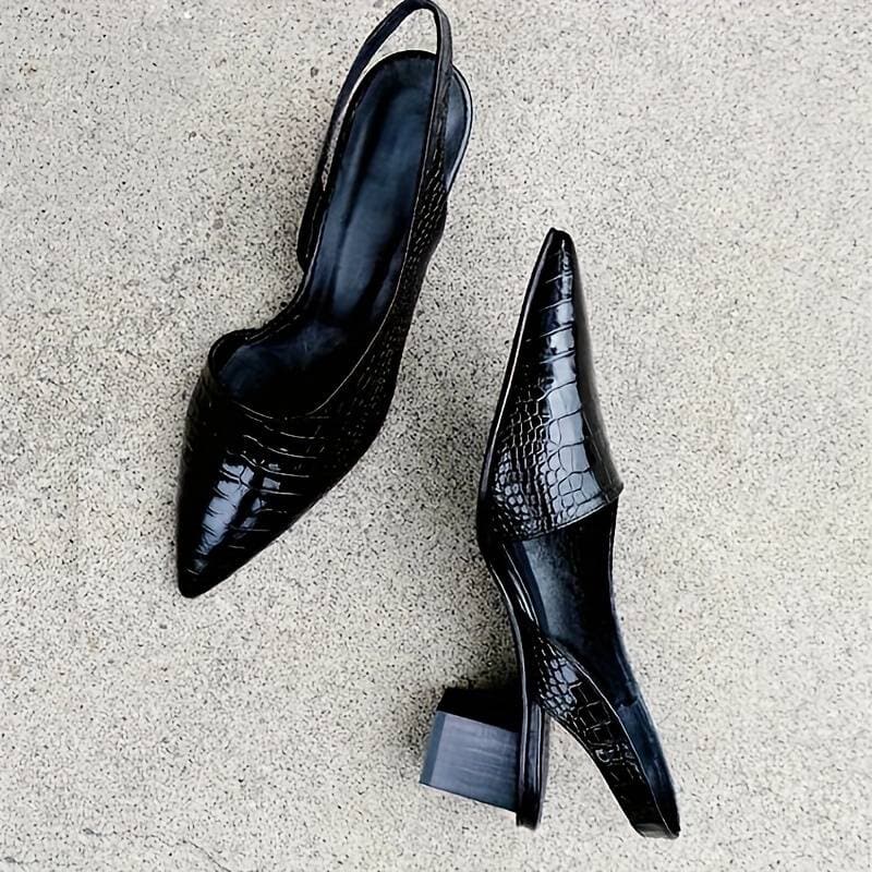 Sandales Slingback Femme - Talon Bloc Confort - Bout Pointu - Effet Cuir Croco