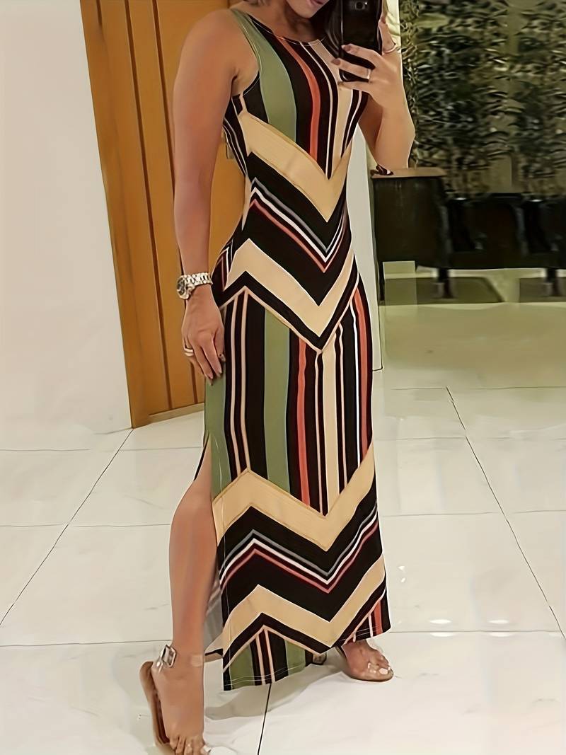 Robe Maxi Femme - Sans Manches - Fendue Côté - Coupe Moulante - Motif Géométrique