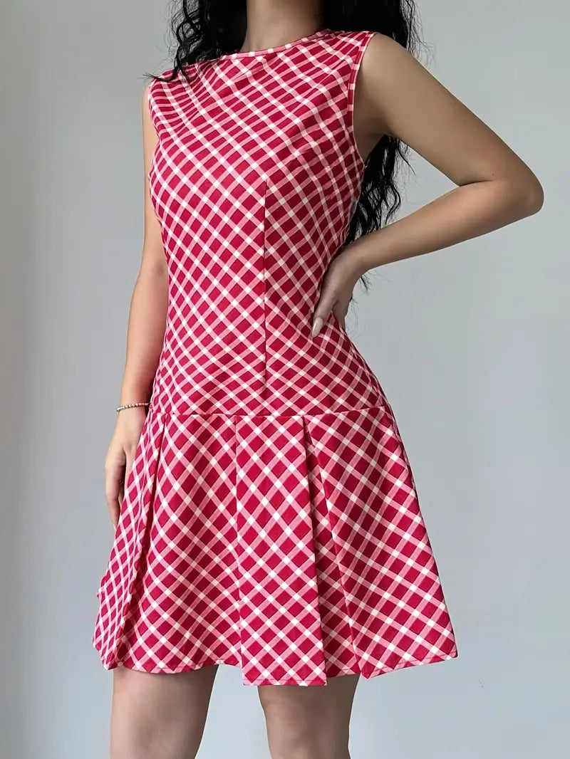 Robe Femme Sans Manches - Coupe Cintrée - Motif Carreaux - Jupe Évasée