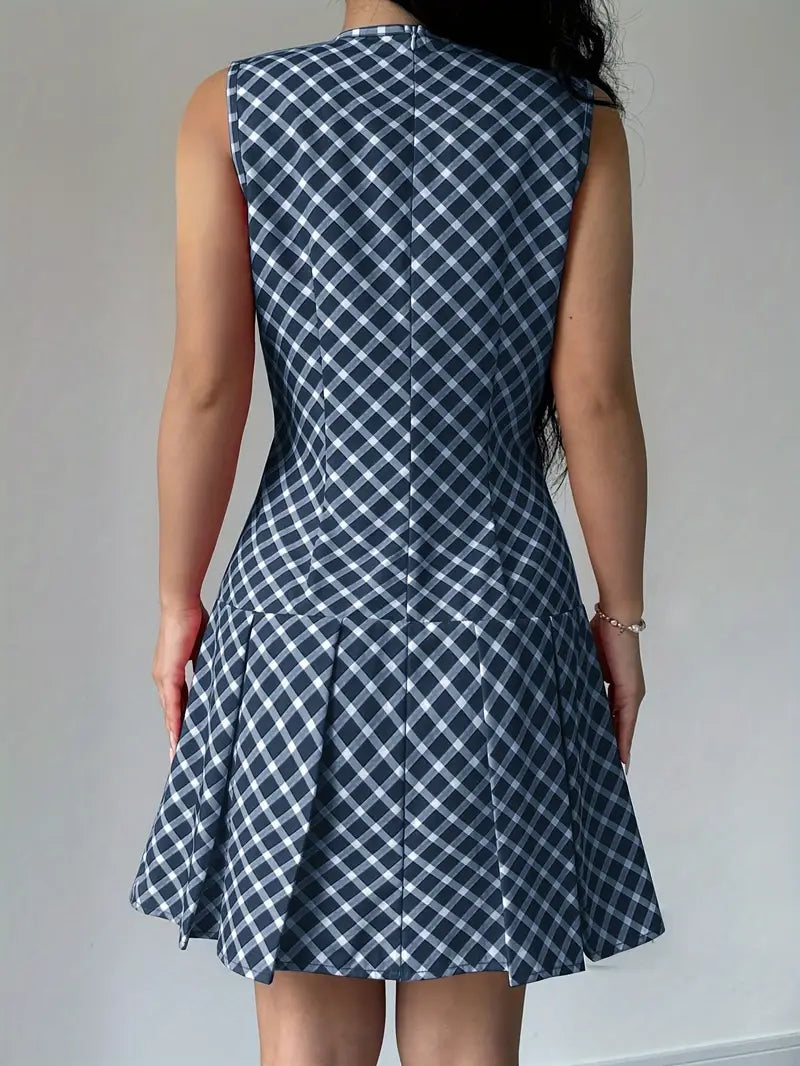 Robe Femme Sans Manches - Coupe Cintrée - Motif Carreaux - Jupe Évasée