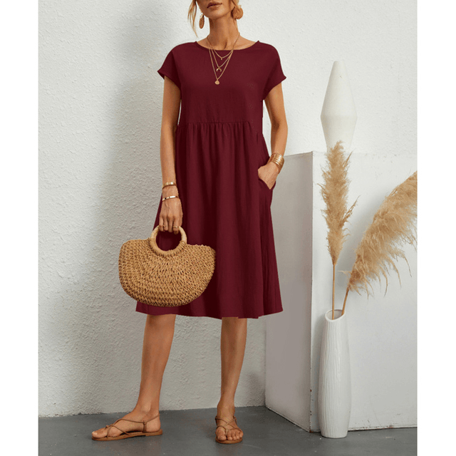 Robe midi d'été minimaliste pour femmes - Coton lin respirant et décontracté