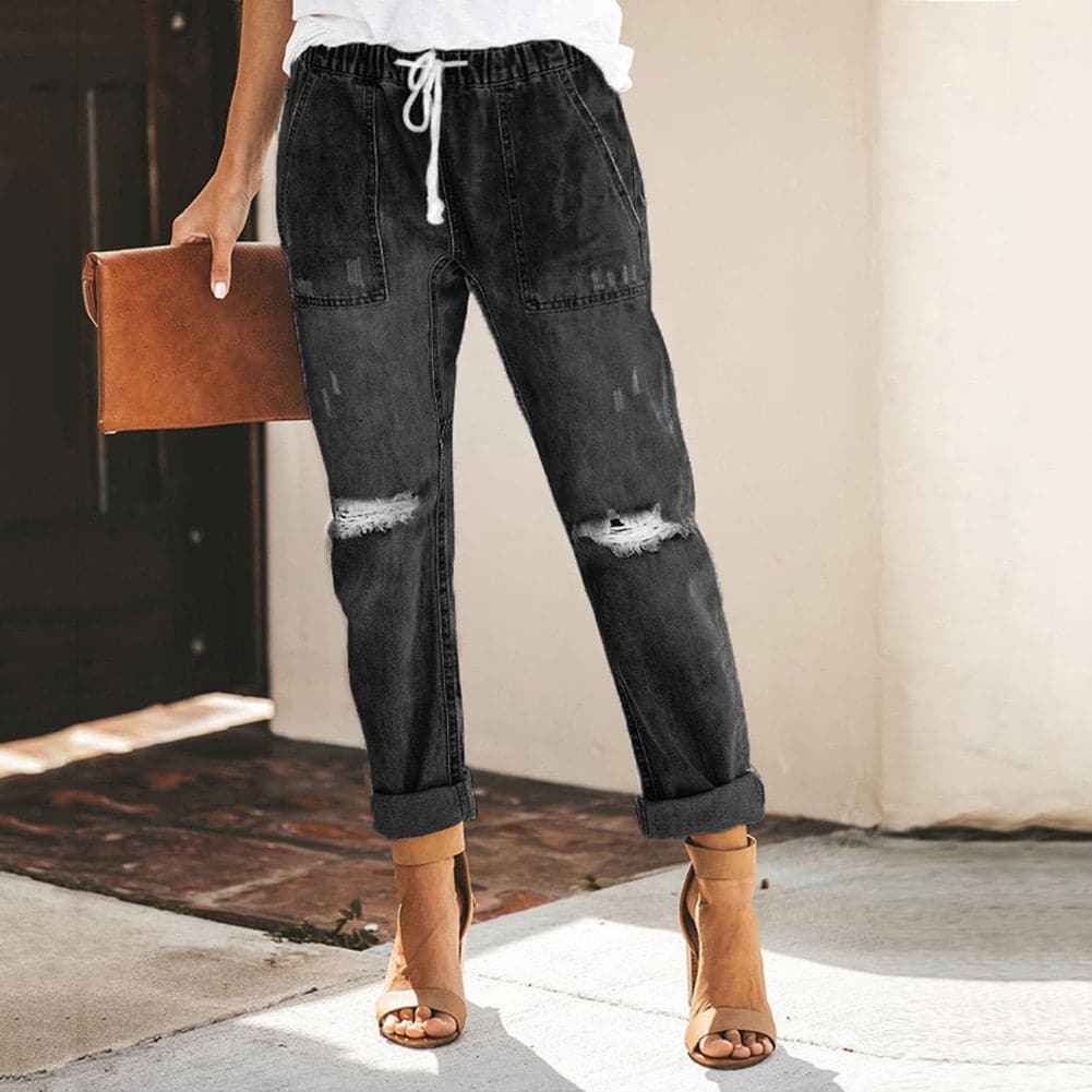 Jean Femme - Taille Haute - Ceinture À Nouer - Coupe Confortable - Style Décontracté