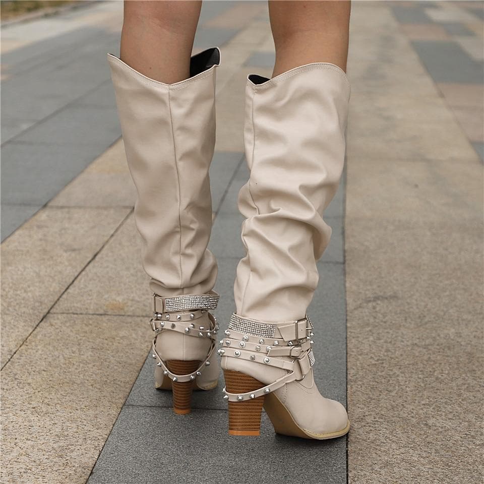Bottes Hautes Femme - Cuir Élégant - Talon Bloc Confort - Détails Cloutés Mode