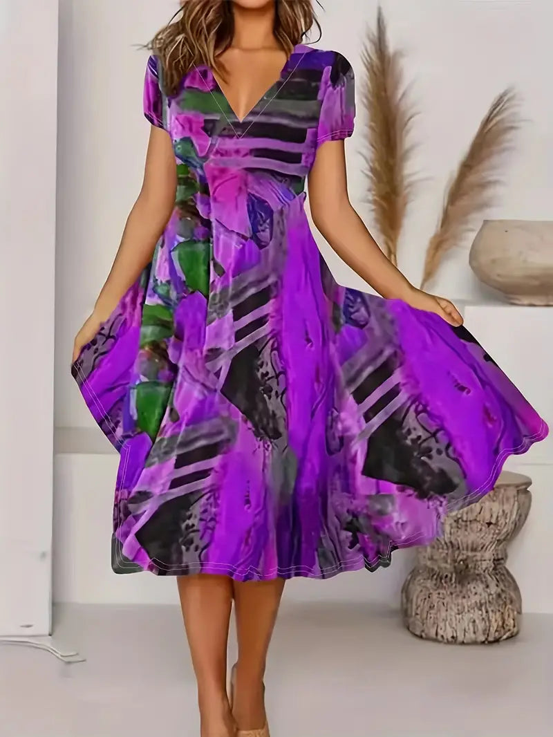 Robe Midi Femme - Imprimé Abstrait - Manches Courtes - Col V - Fluide et Élégante