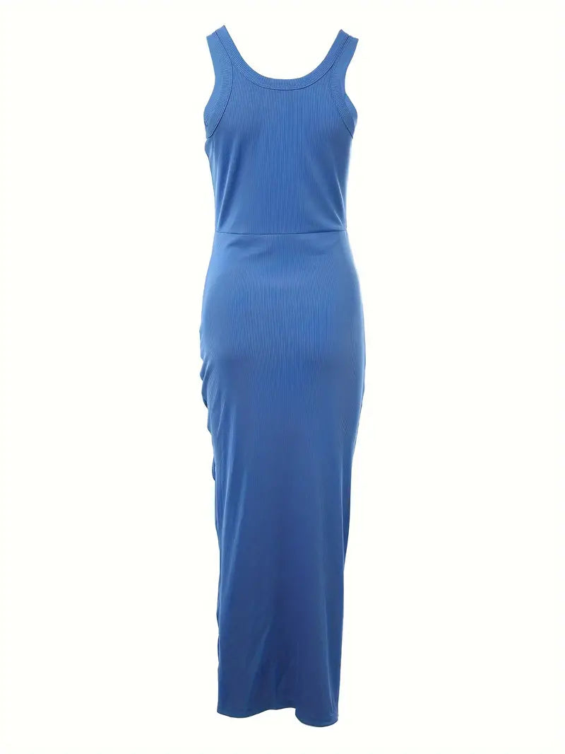 Robe Femme Sans Manches - Col Rond - Fendue Côté - Coupe Moulante Élégante