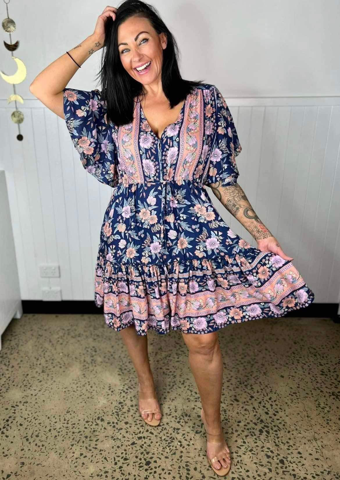 Robe Femme - Imprimé Fleuri - Coupe Évasée - Col V - Manches Courtes Volantes