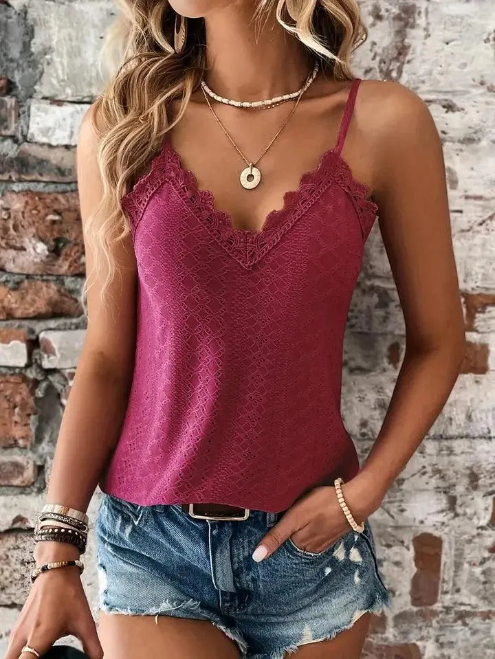 Top Camisole Femme - Dentelle Contrastée - Décolleté V - Bretelles Réglables