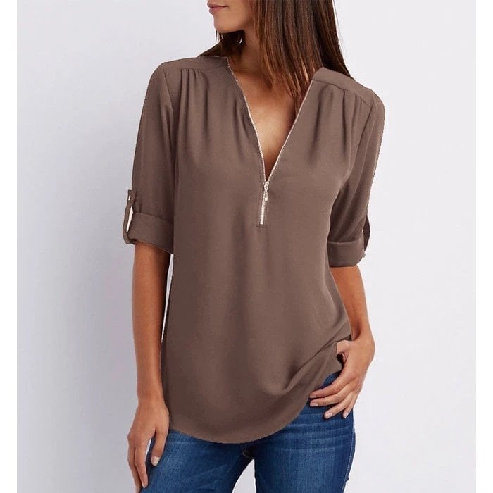 Blouse femme – Coupe décontractée – Tissu respirant – Demi-zip – Manches 3/4 retroussables