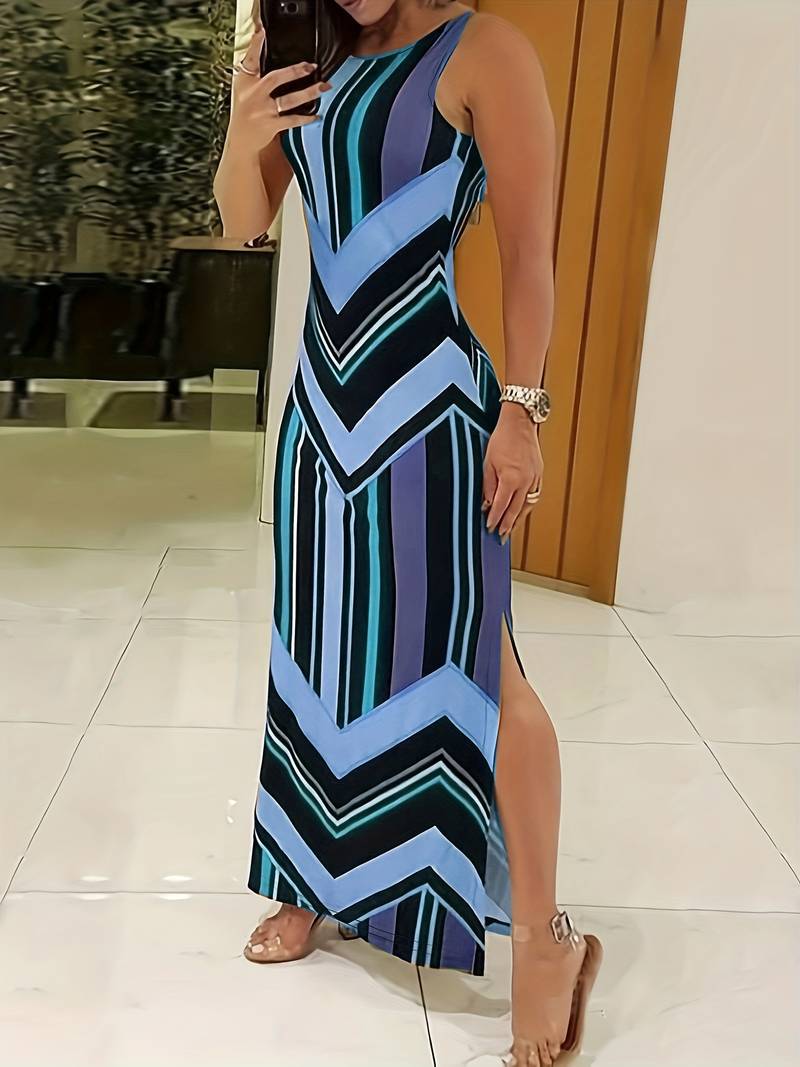 Robe Maxi Femme - Sans Manches - Fendue Côté - Coupe Moulante - Motif Géométrique