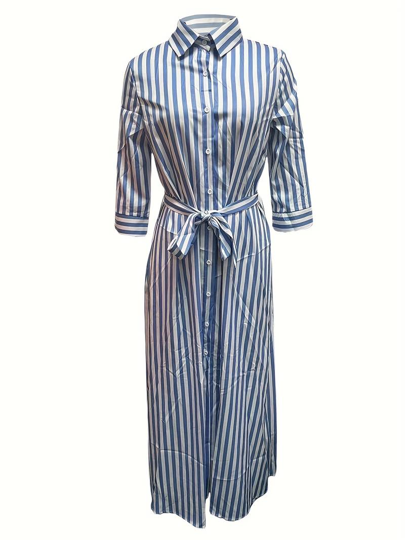 Robe Maxi Femme - Boutonnée - Manches 3/4 - Ceinturée - Motif Rayé - Col Chemise