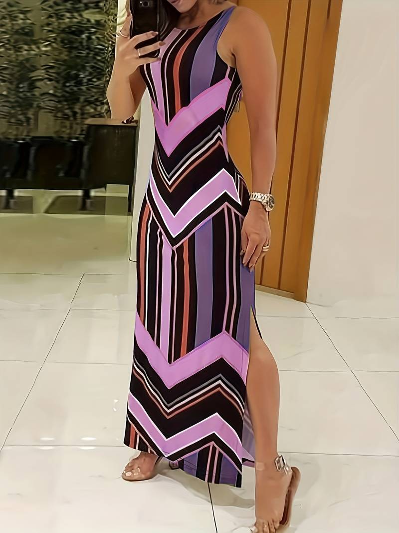 Robe Maxi Femme - Sans Manches - Fendue Côté - Coupe Moulante - Motif Géométrique