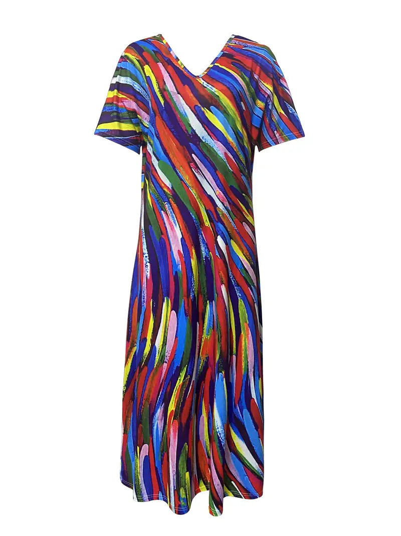 Robe Maxi Femme - Coupe Fluide - Col V - Manches Courtes - Motif Abstrait
