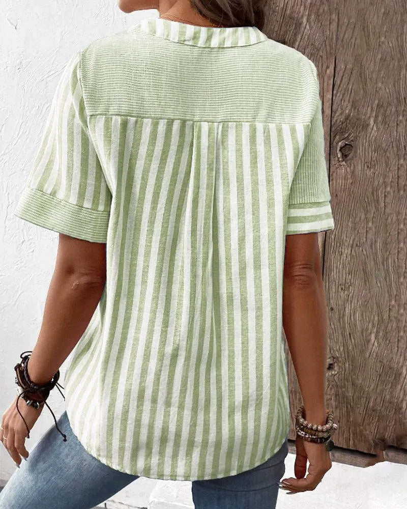 Blouse Femme - Coton Léger - Col Rond V Fendu - Manches Courtes - Style Décontracté