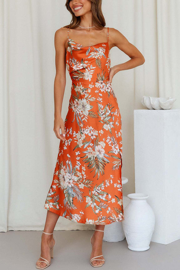 Robe Midi Femme – Imprimé Floral – Encolure Dégagée – Bretelles Fines – Coupe Évasée