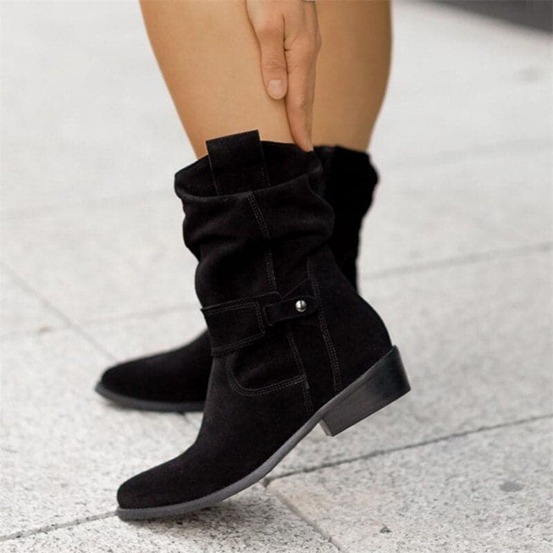 Bottes Femme - Daim Élégant - Coupe Ample - Lanières et Boucles Déco - Confort Quotidien