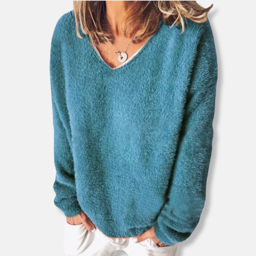 Femme Sweatshirt - Maille Pelucheuse - Coupe Décontractée - Col V - Manches Longues