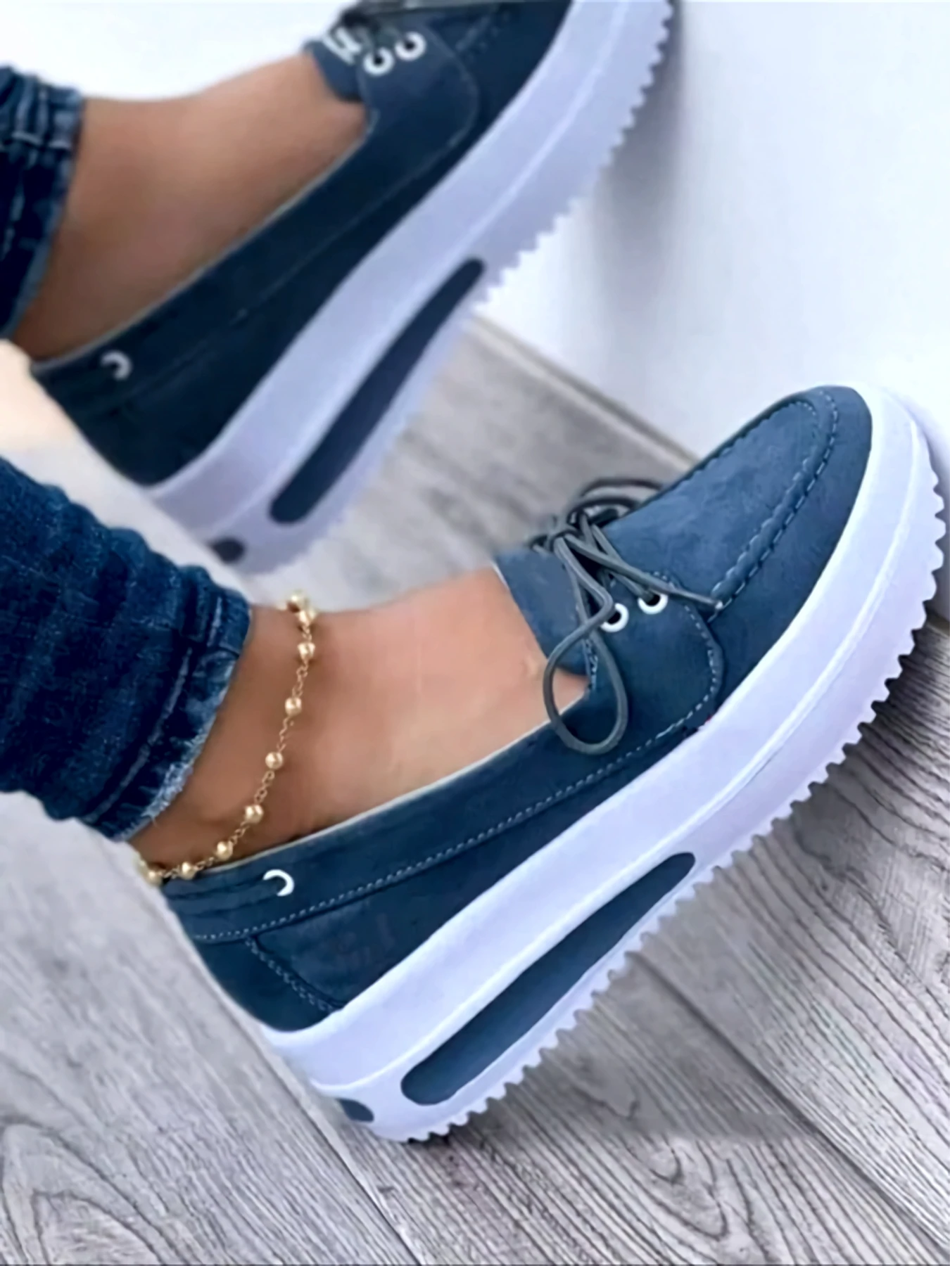 Chaussures Femme - Mocassins à Enfiler - Semelle Plateforme - Détail Lacet Casual