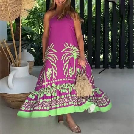 Robe Longue Femme – Sans Manches – Col Halter – Imprimé Tropical – Coupe Évasée Fluide