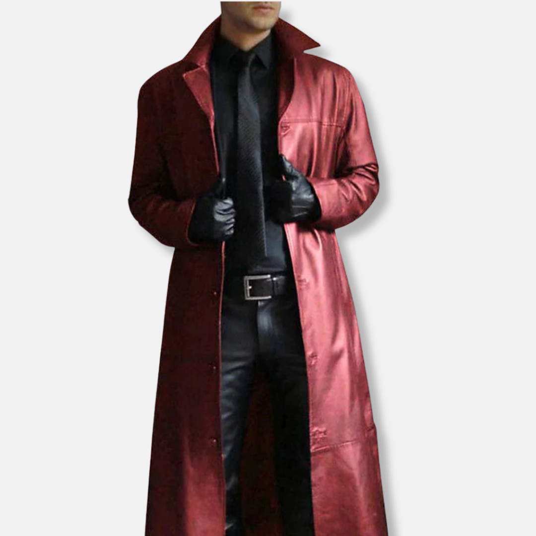 Manteau long homme – Coupe ajustée – Cuir structuré – Fermeture boutonnée formelle
