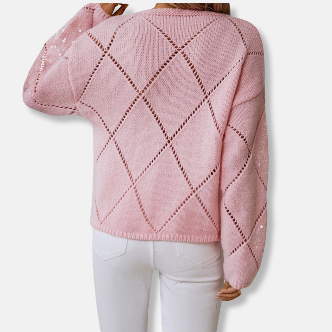 Femme Pull - Maille Laine Mélangée - Col Rond - Manches Longues - Motif Losanges