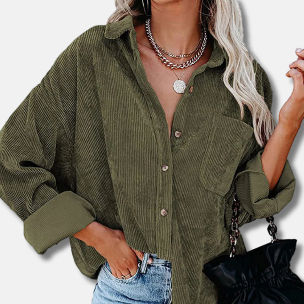 Veste femme – Coupe oversize – Velours côtelé – Fermeture boutonnée – Longueur hanches