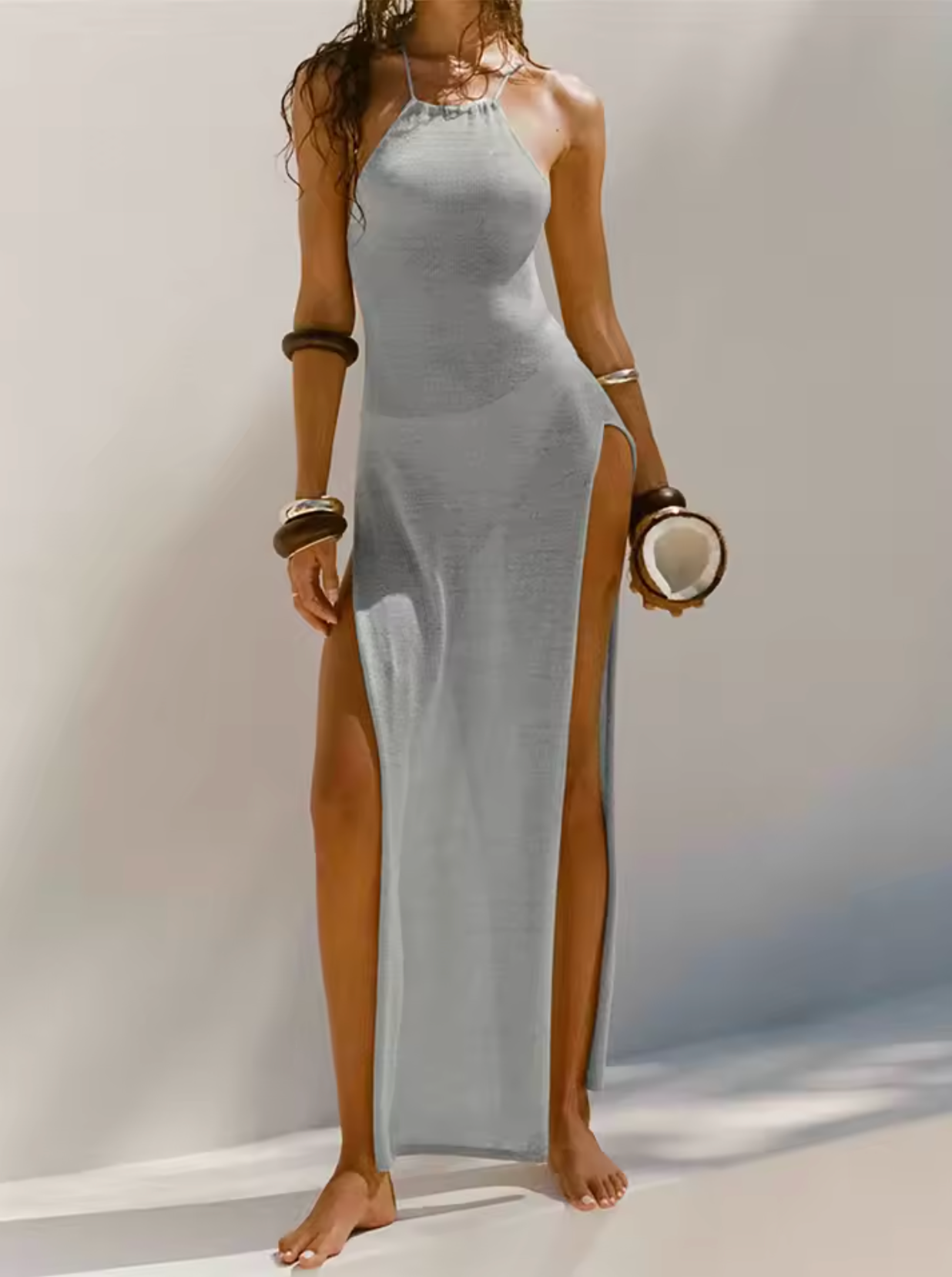 Robe Maxi Femme – Sans Manches – Fendue – Col Halter – Coupe Ajustée Élégante