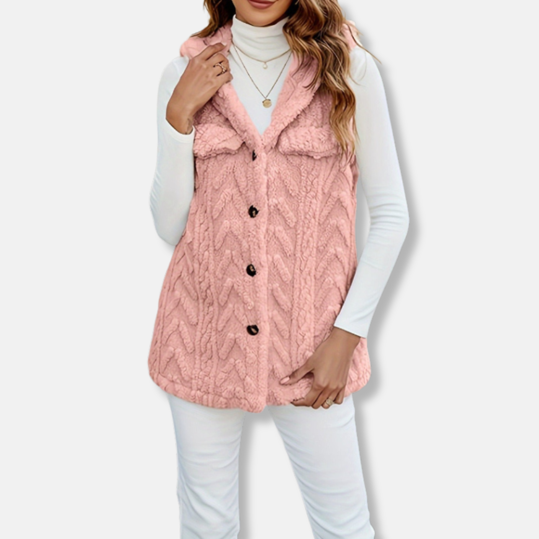 Gilet sans manches à capuche femme – Maille duveteuse – Coupe ample – Boutonné – Poches poitrine