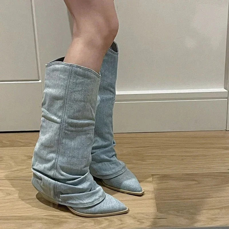 Bottes cowboy en denim longueur genou - Style tendance et robuste