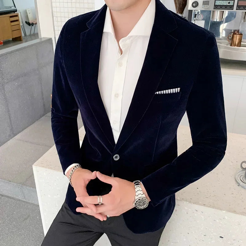 Blazer homme – Coupe slim – Velours luxueux – Fermeture un bouton – Style formel structuré