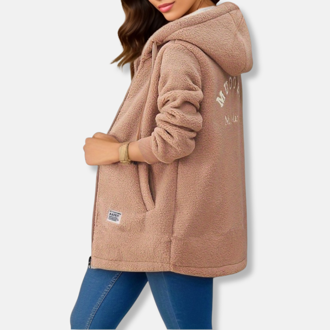 Veste mi-longue femme – Coupe oversize – Effet peau lainée – Capuche zippée
