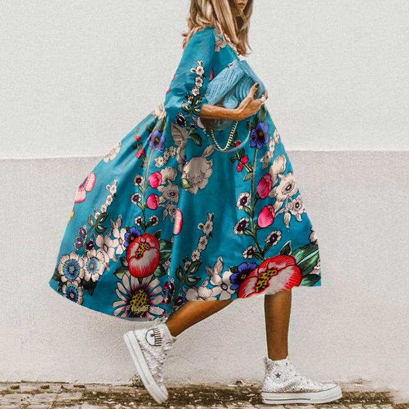 Robe Maxi Femme - Fluide et Confortable - Manches 3/4 - Col Rond - Motif Fleuri